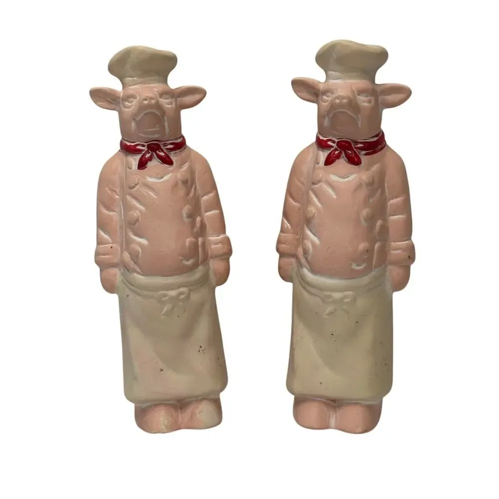 Vintage Chalkware French Chef Pig Salt Pepper Shakers Kitchen Decor